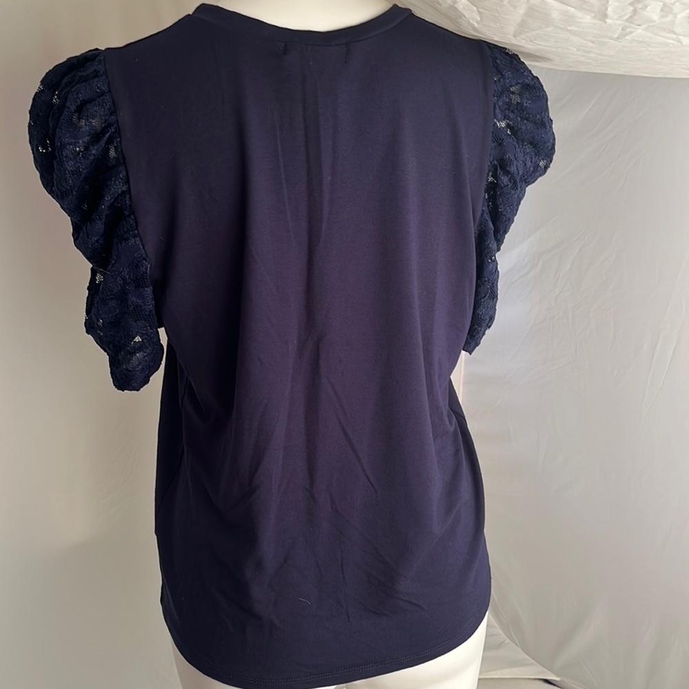 Ariella navy crew neck top with lace sleeves L - Picture 4 of 8